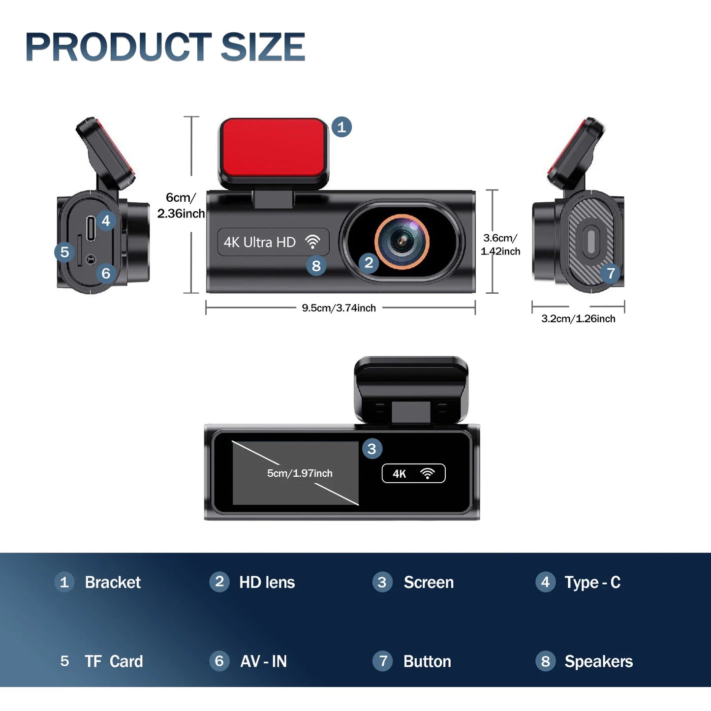Aprilboy K6 4K WIFI Dash Cam - Front & Rear Dual Lens, 1080P Night Vision, Parking Monitor, Mini Car DVR