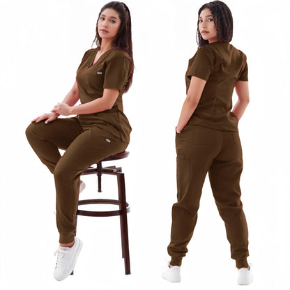 Multicolor Jogger Suit Nurse Scrubs Set - Medical Clinical Clothes with Short Sleeve V-Neck Tops and Pocket Pants, Doctor Nursing Uniforms