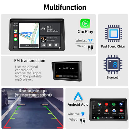 7 Inch IPS Portable Car Radio – WIFI Wireless CarPlay & Android Auto, Multimedia Video Player with Reversing Camera for Apple/Android