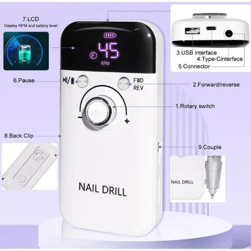 Professional Electric Nail Drill Machine: 45000RPM, Rechargeable, Portable - Perfect for Gel Nails Polish & Manicure