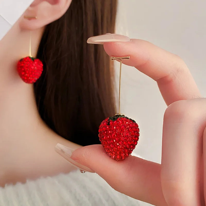 Rhinestone Red Strawberry Stud Earrings for Women - Korean Ins Cute, Fashionable Jewelry with Personality