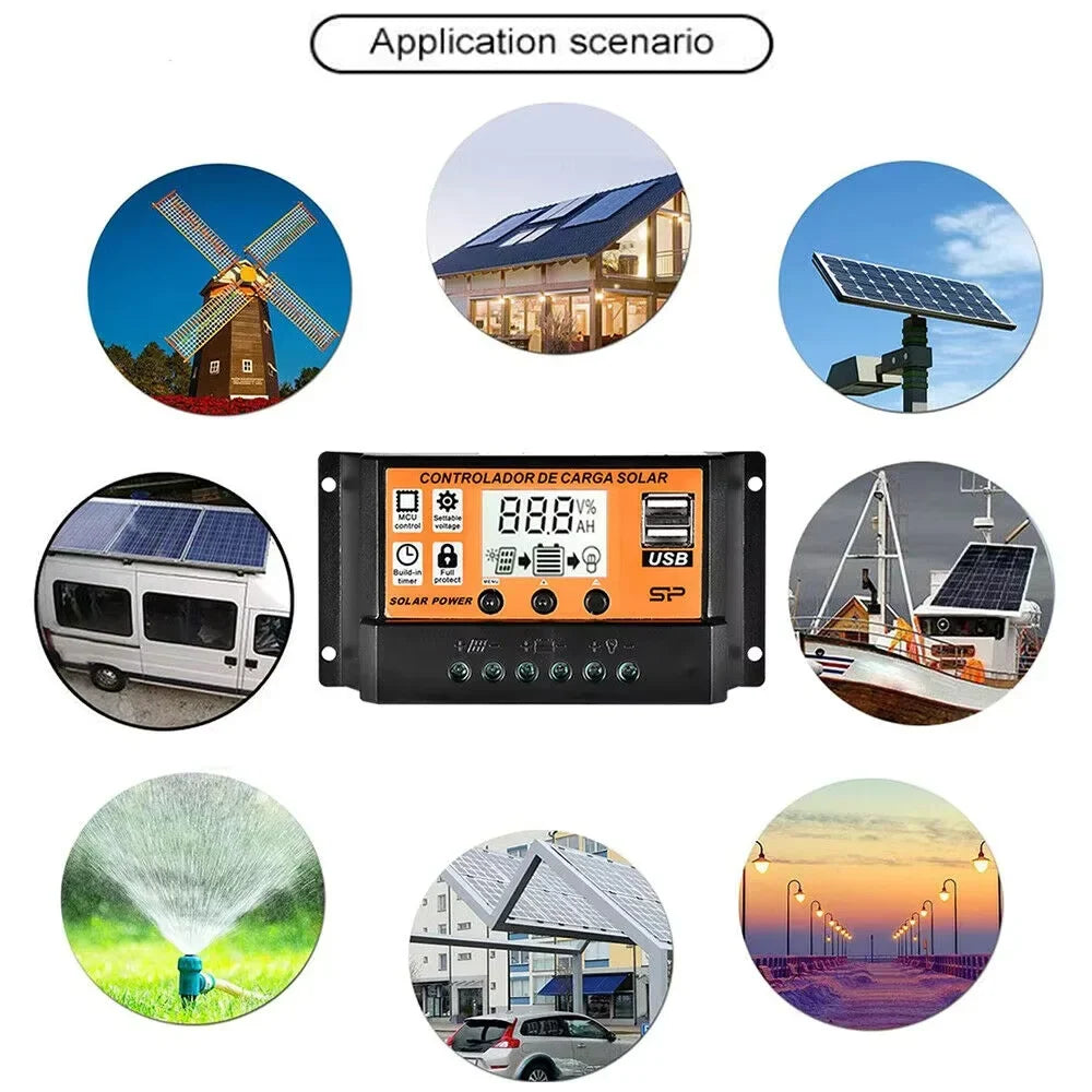 Solar Charge Controller 12V/24V PWM MPPT - LCD Display Battery Regulator with Timer Settings (10A–100A)