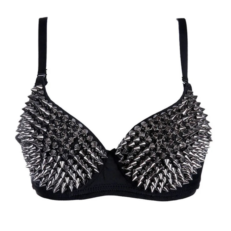 Silver Rivets Punk Rave Bralette – Gothic Push-Up Lingerie Bra Top for Nightclub & Party