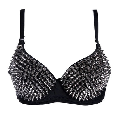 Silver Rivets Punk Rave Bralette – Gothic Push-Up Lingerie Bra Top for Nightclub & Party