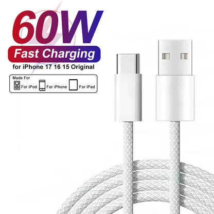 60W USB-C Fast Charging Cable for iPhone 15/16/17 Series – Braided Type-C to USB Data & Power Cable for Pro, Pro Max, Air & Plus Models