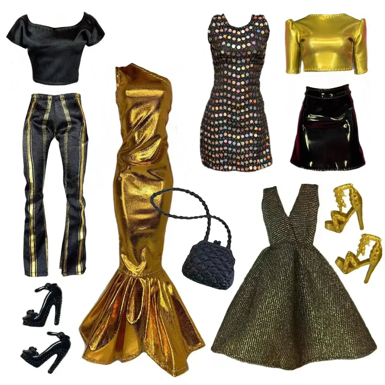 Black & Gold 30cm Doll Clothes Set – Dress & Shoes for 1/6 Barbie Dolls, Christmas Gift for Girls