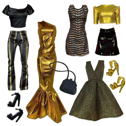 Black & Gold 30cm Doll Clothes Set – Dress & Shoes for 1/6 Barbie Dolls, Christmas Gift for Girls