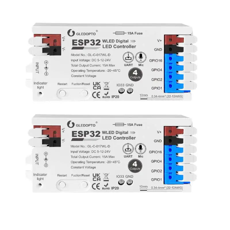ESP32 WLED LED Strip Controller 4-Channel 15A Fuse, Level Shifter UART DIY Smart Lighting Module with Voice Control Support