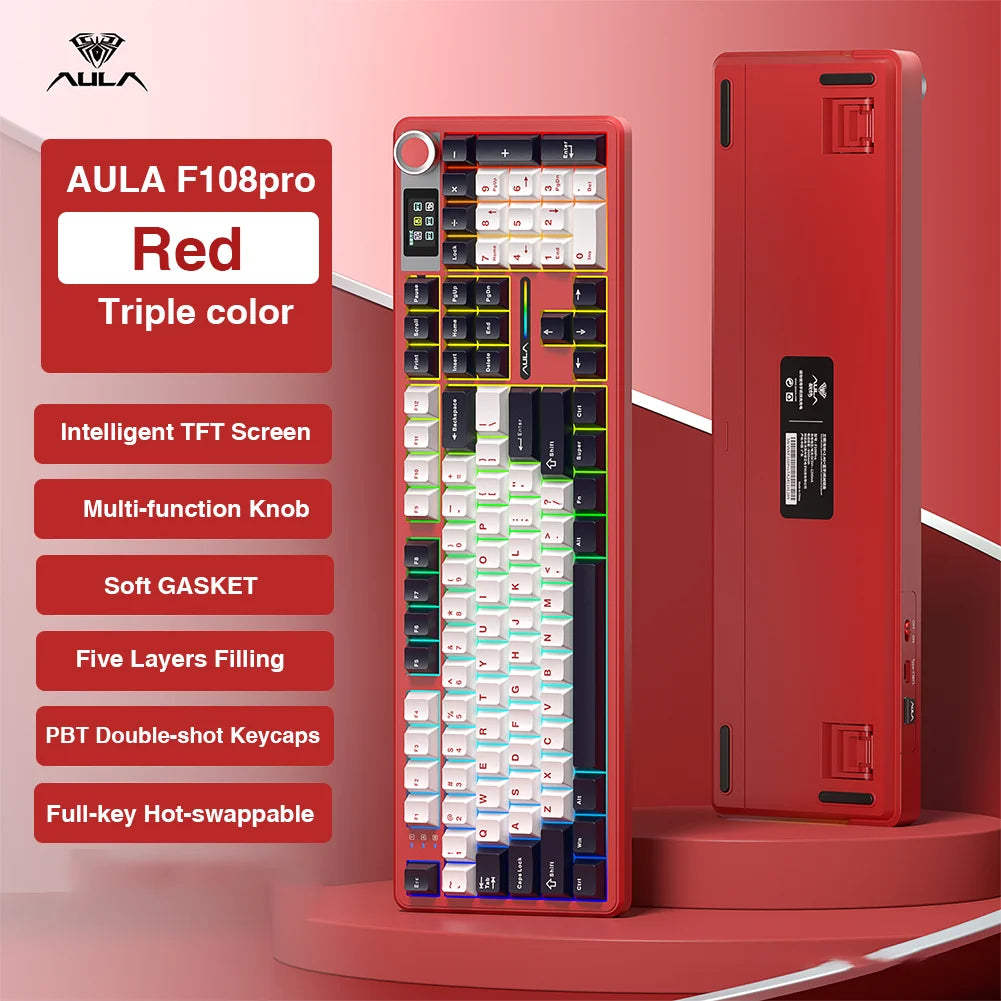 AULA F108 Pro Full-Size Gaming Keyboard – Wireless Bluetooth, Hot-Swappable Gasket Mount, Macro Keys, TFT Smart Display