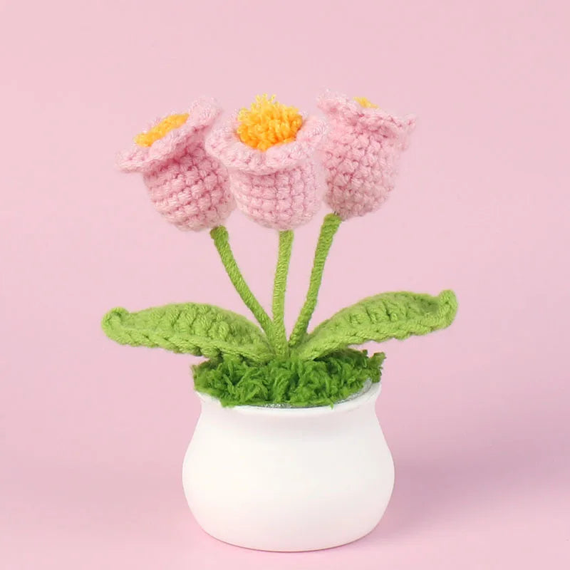 Handmade Crochet Bell Orchid in Pot – Knitted Artificial Flower with Light for Desktop & Easter 2025 Decor