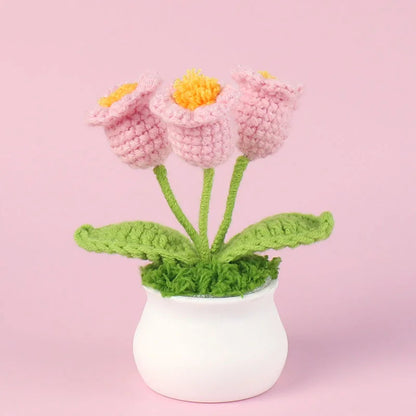 Handmade Crochet Bell Orchid in Pot – Knitted Artificial Flower with Light for Desktop & Easter 2025 Decor