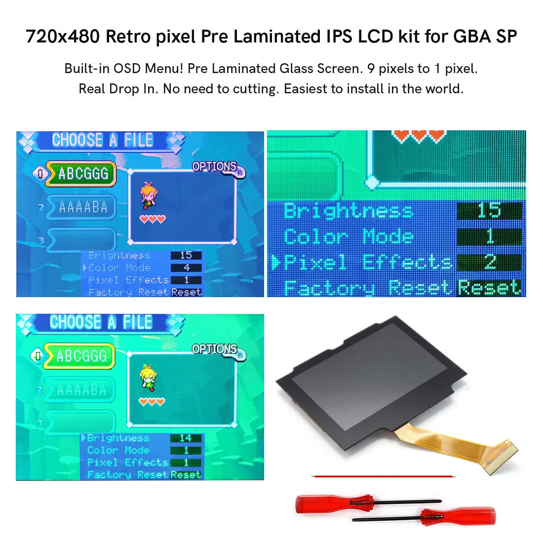 Laminated V5 IPS GBA SP Backlight LCD Replacement Mod Kit – Backlit Screen for Game Boy Advance SP, No Shell Cutting Needed
