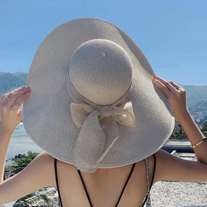 Women's Bow Straw Beach Hat - Oversized Wide Brim Summer Sun Protection Hat