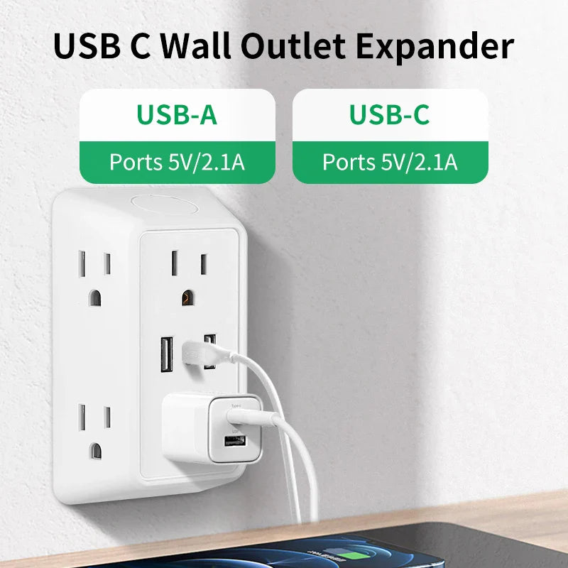 9-in-1 Power Strip – 2 USB Sockets, 1 Type-C Socket, 6 AC Sockets, Compact Wall Plug Power Expander