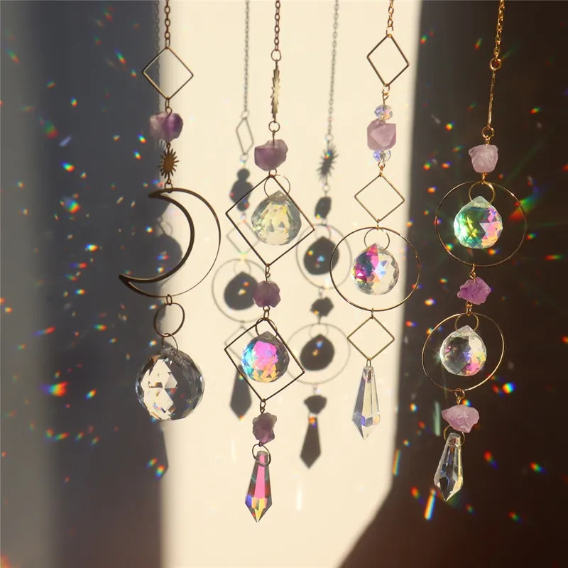 Moon Crystal Suncatcher: Hanging Rainbow Prism Wind Chime with Crystal Pendants, Ideal for Christmas Tree and Home Decor