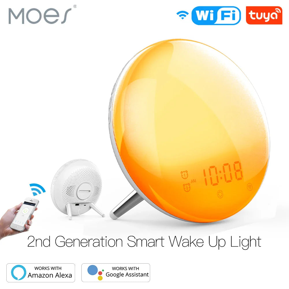 WiFi Smart Wake-Up Light Alarm Clock – 7-Color Sunrise/Sunset, Tuya App Compatible with Alexa & Google Home