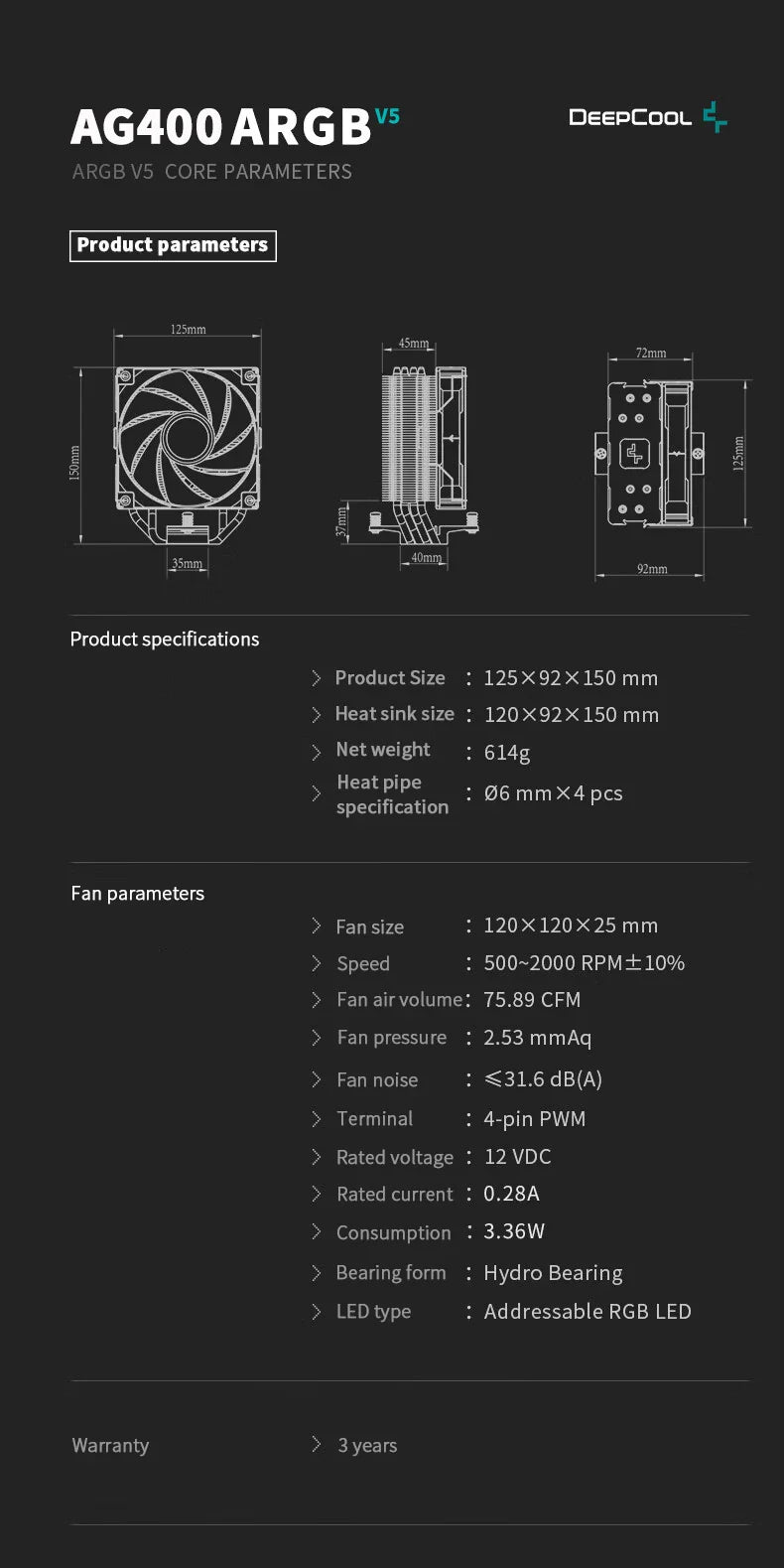DEEPCOOL AG400 ARGB Air Cooler — 4 Heat Pipe CPU Cooler with PWM for Intel LGA1700/1200/115X & AMD AM4/AM5