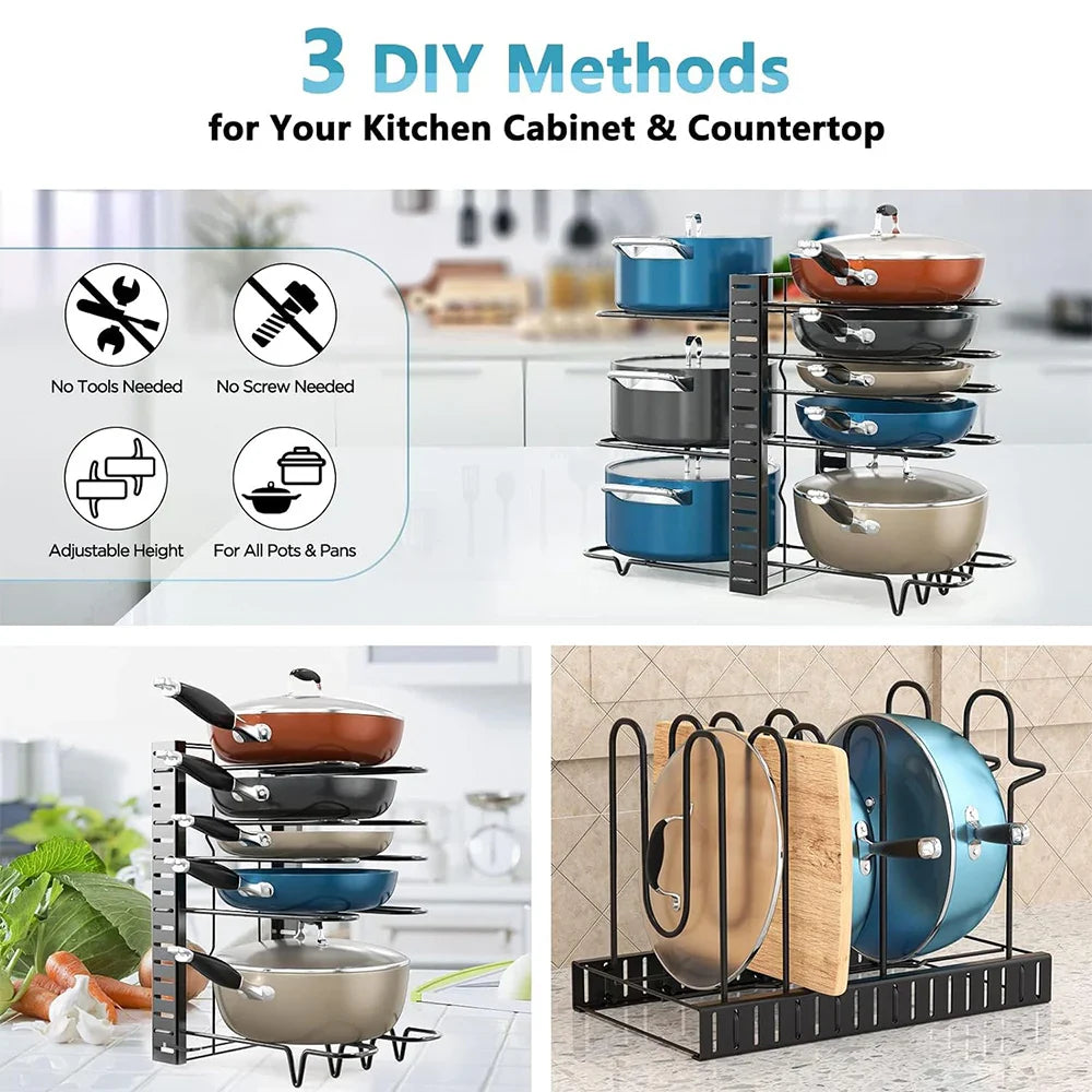 Adjustable 8-Tier Pan Pot Organizer Rack: Space-Saving Kitchen Cabinet Storage - DIY Methods for Pots, Pans, and Lids