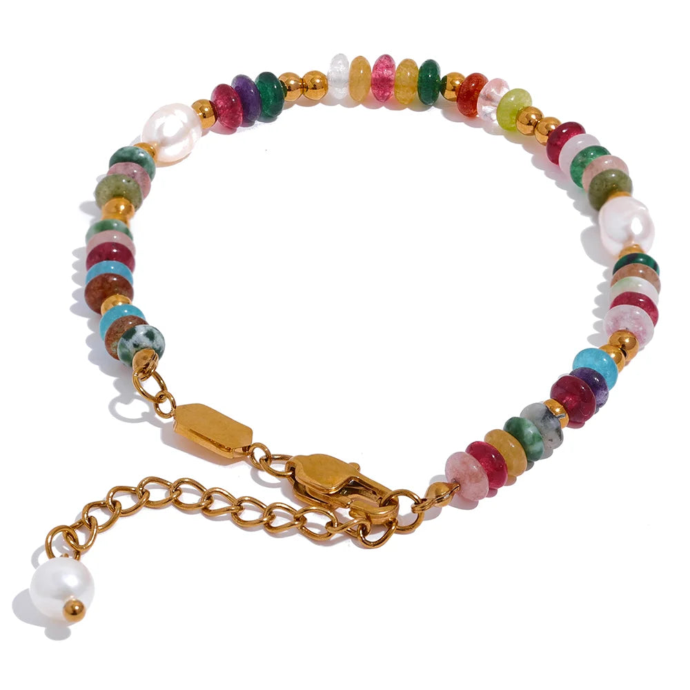 Yhpup Natural Stone Pearl Chain Bracelet – Stainless Steel Waterproof Luxury Bangle for Women, Trendy Fashion Jewelry Gift