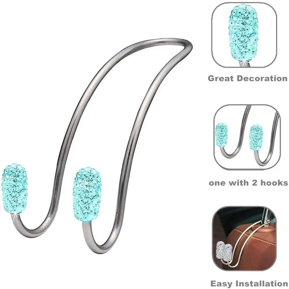 2 Pack Bling Diamond Universal Car Headrest Seat Back Organizers - Strong, Durable Auto Backseat Storage Hooks