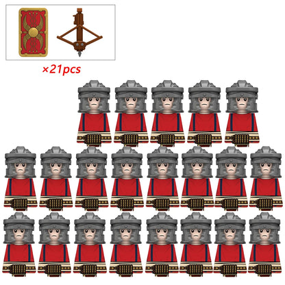 21PCS MOC Medieval Knights & Roman Legion Soldiers Building Blocks Set Warrior Figures with Weapons Helmet Bricks Toy Collection
