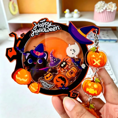 Halloween Acrylic Shaker Keychain - Cute Black Cat, Witch, Pumpkin & Ghost Bag Pendant