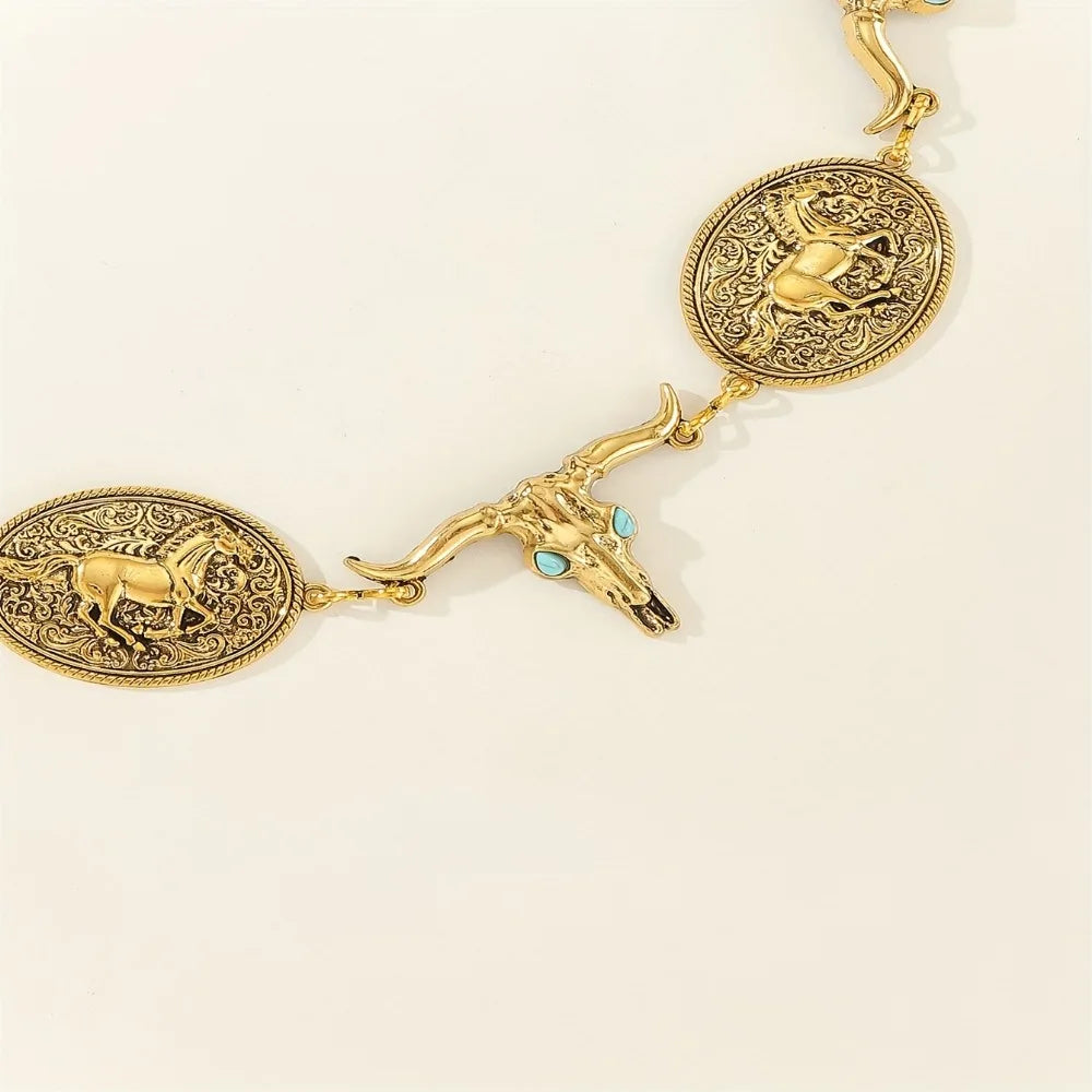 Western Horse Bull Waist Chain – Vintage Boho Adjustable Body Jewelry Belt for Women, Daily Use Dress Girdle