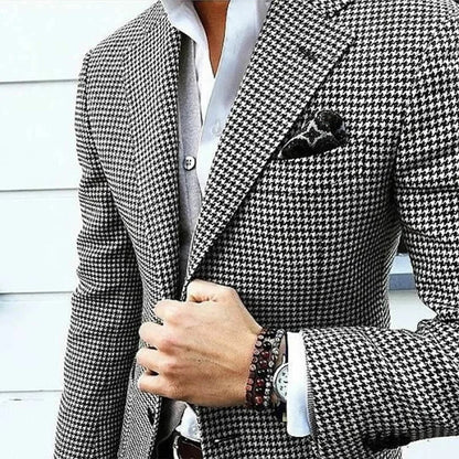 Men’s Slim Fit Houndstooth Blazer — Italian Style Casual Suit Jacket, Notched Lapel Check Coat for Wedding, Prom & Party 2024