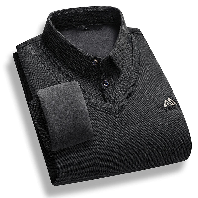 Men's Fleece Lined Polo Sweater - Fake Two-Piece Thick Winter Business Casual Pullover Top