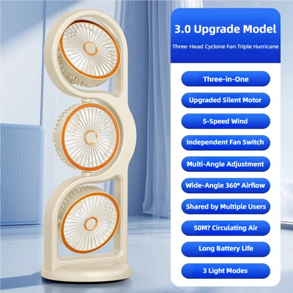 Portable USB Rechargeable Three Head Fan - 360° Air Circulation 5 Speed Desktop Cooling Fan for Dorm, Office & Outdoor Use