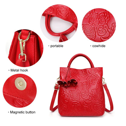 Classic Embossed Women’s Leather Bag — Large Capacity Top Cowhide Crossbody Purse