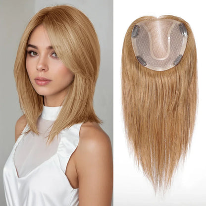 14" Gray Blonde Human Hair Topper – Mono Lace Base, 4 Clips, Natural Look for Thinning Hair