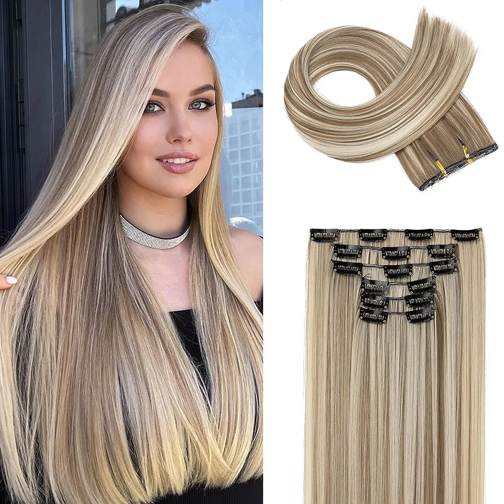 Black Hair Extensions: 24"/60cm, 140g, 6pcs/set Long Straight Synthetic - Full Head Clip, 16 Clips, Ombre, Heat Resistant Fiber for Women