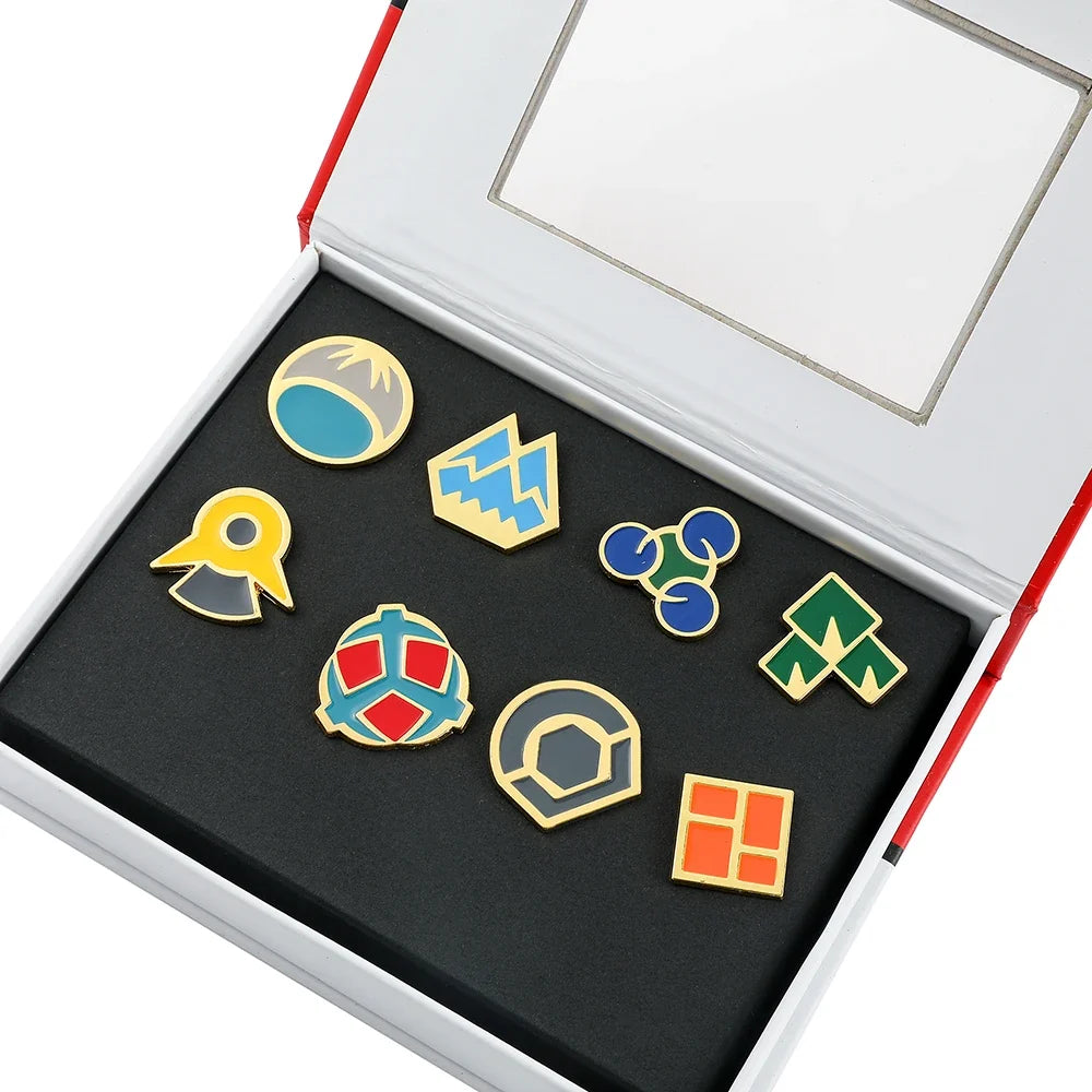 Pokemon Gym Badge Pin Set - Kanto to Kalos League Region Collectible Brooch Box