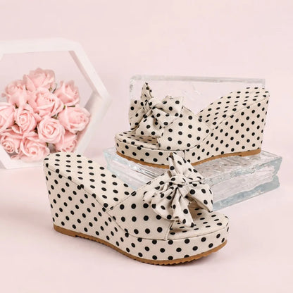 Women's Polka Dot Wedge Sandals - Bow Decor Platform Slides with Ankle Strap