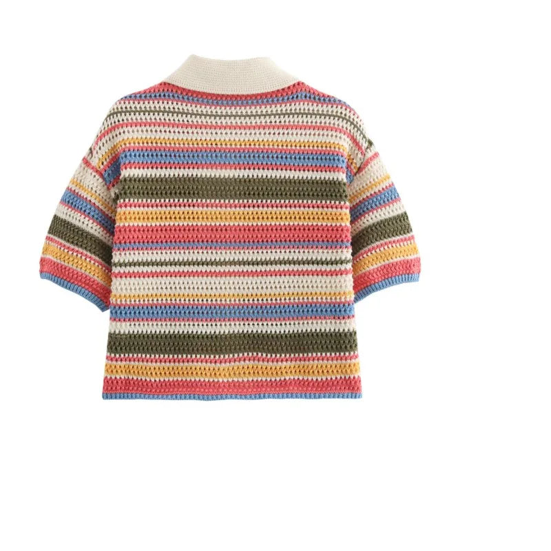 Women Y2K Patchwork Striped Crochet Knit Crop Sweater & Shorts Set – Hollow Out Short Sleeve Polo Collar Outfit