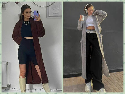 Open Front Cable Knit Longline Cardigan for Women – Long Sleeve, Loose Fit, Casual Fashion Knitwear, Solid Color