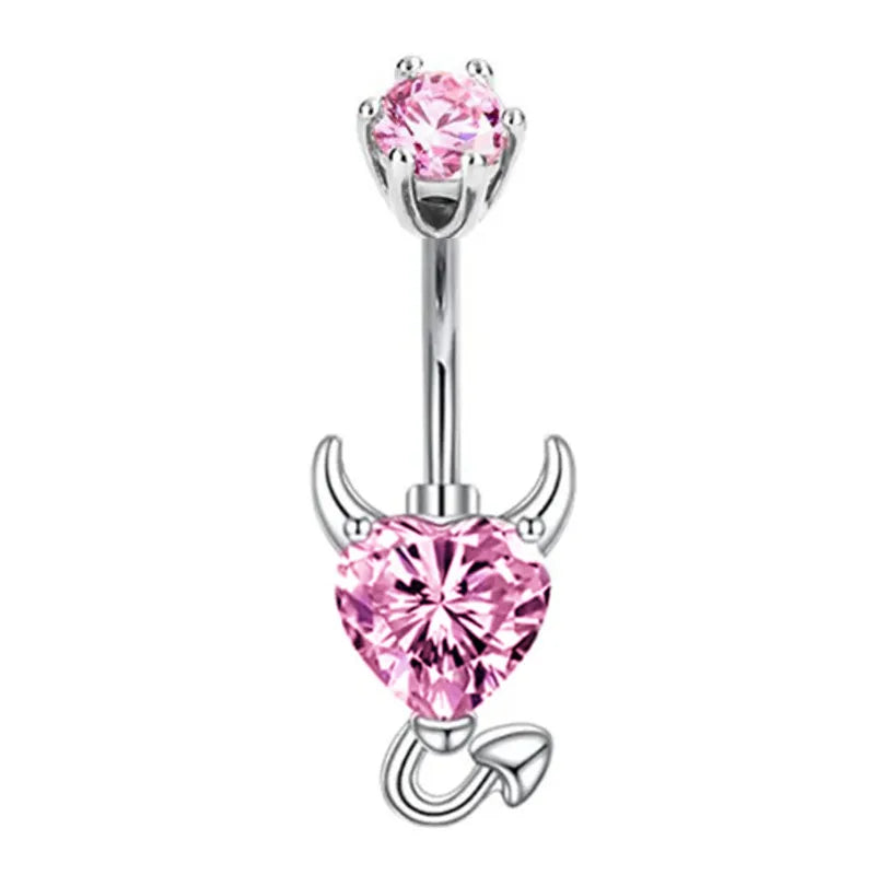 Pink Crown Belly Button Ring – Stainless Steel Heart Navel Piercing Barbell with Crystal for Women & Girls
