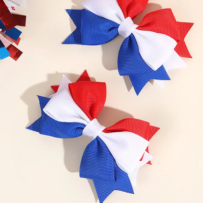 2pcs USA Flag Bow Hair Clips - Red White Blue Patriotic Ribbon Barrettes for 4th of July Party Accessories