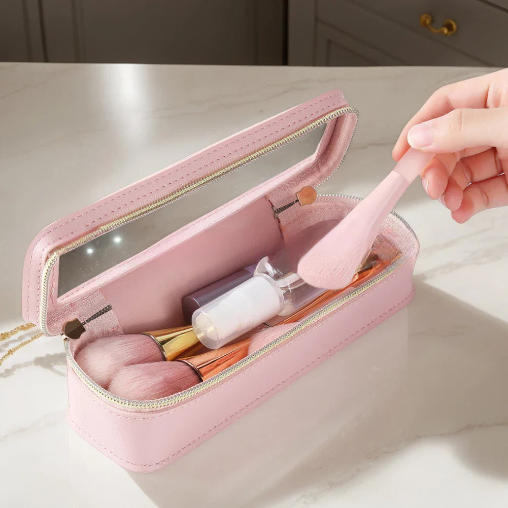 Women’s PU Transparent Makeup Brush Bag – Dual Zipper Travel Cosmetic Brush Holder Case