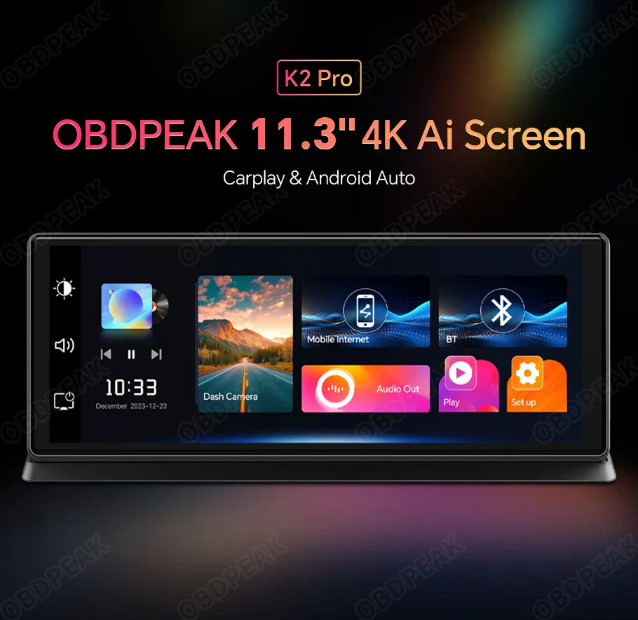 K2 Pro 11.3" 4K Dash Cam — Car DVR with Wireless CarPlay, Android Auto, 5G WiFi & GPS Navigation