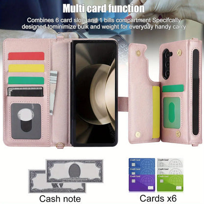 PU Leather Flip Wallet Case for Samsung Galaxy Z Fold 6/5/4/3 5G – Card Holder, Wrist Strap, Crossbody Stand Cover