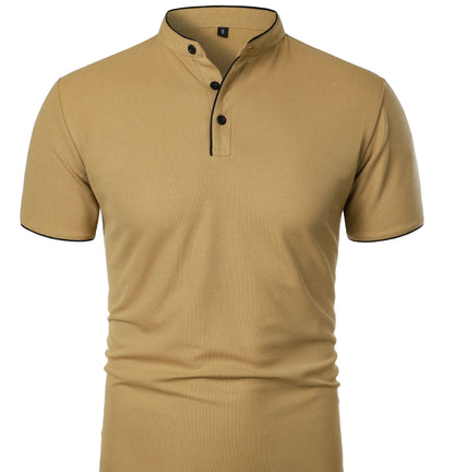 Men's Solid Color Stand Collar T-Shirt - Casual Short-Sleeved Top