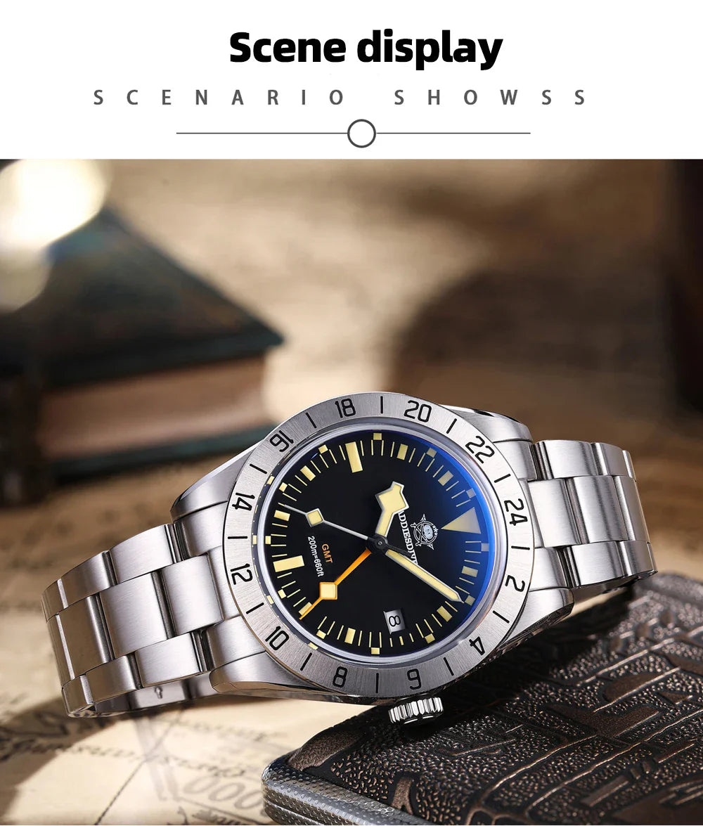 ADDIESDIVE GMT Men’s Diver Watch – 39mm Stainless Steel, Luminous Calendar Display, 20ATM Quartz Reloj Hombre