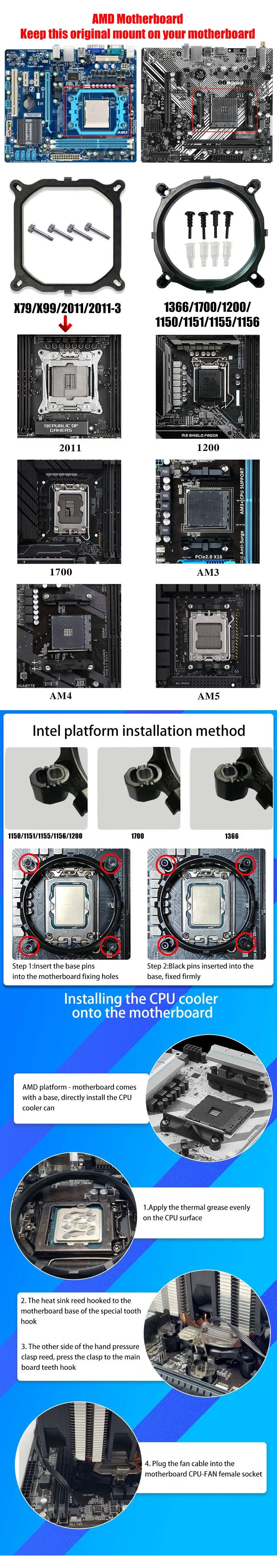 CPU Air Cooler X79/X99 — 3-Pin/4-Pin PWM Fan for Intel LGA 1366/1151/1155/1200/1700/2011 & AMD AM3/AM4/AM5