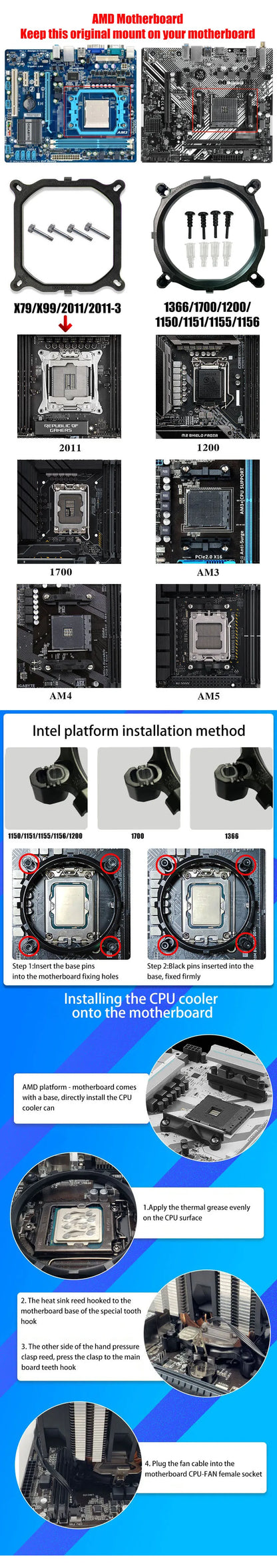 CPU Air Cooler X79/X99 — 3-Pin/4-Pin PWM Fan for Intel LGA 1366/1151/1155/1200/1700/2011 & AMD AM3/AM4/AM5