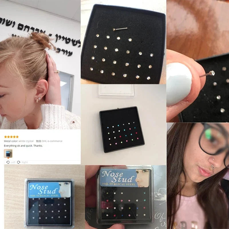 24pcs Crystal Nose Ring & Stud Set – Stainless Steel Surgical Nose Piercing Jewelry, Colorful Rhinestone for Women & Girls