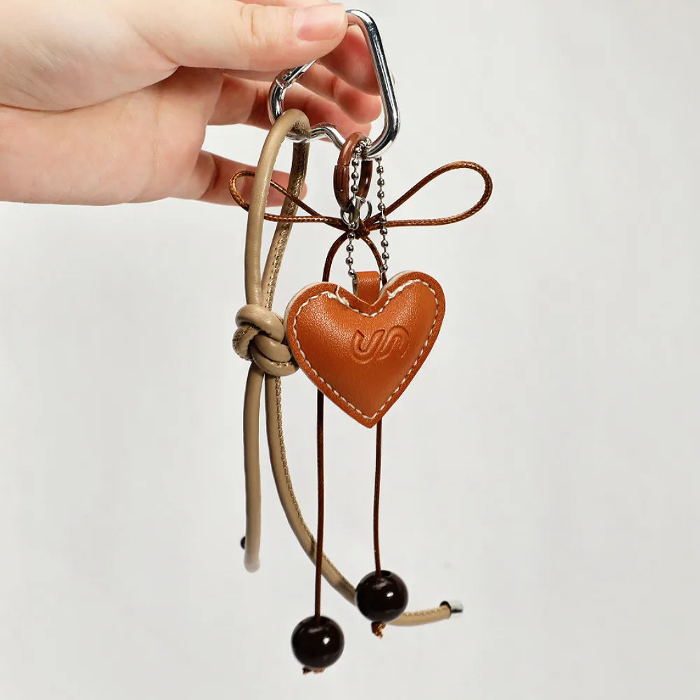 Y2K Leather Rope Keychain with Cherry Bow – Cute 3D Heart Bag Pendant Cartoon Keyring & Anti-Lost Phone Lanyard