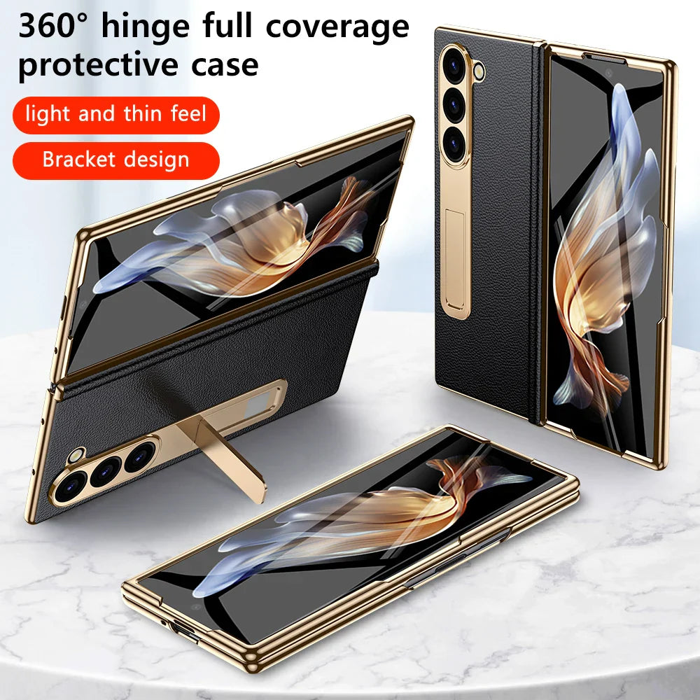 LANGSIDI Leather Case for Samsung Galaxy Z Fold 6/5/4/3 – Gold Plated Magnetic Hinge Cover with Mirror Film & Stand