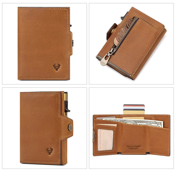 HUMERPAUL Men’s Pop-Up Card Holder – Crazy Horse Leather RFID Blocking Slim Wallet with Money Pocket & Metal Bank Card Case
